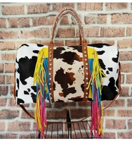 new design large capacity animal cow print weekender single strap beach use bag with tassels outdoor rhinestones decoratetotebag