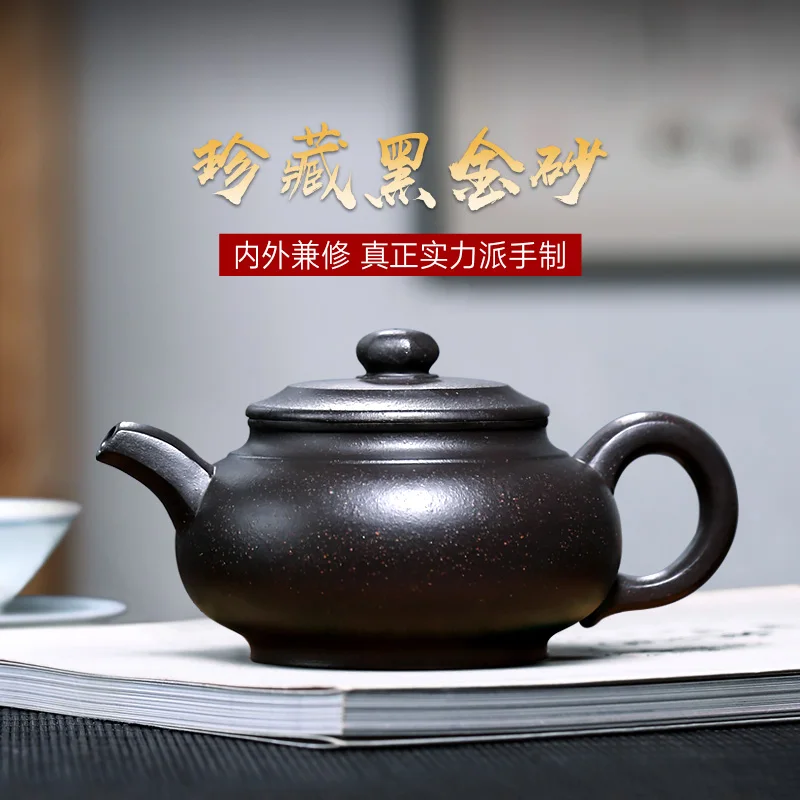 

★Two 】 yixing recommended Wu Hongcai pure manual suit undressed ore six-party v ancient black gold sand the teapot