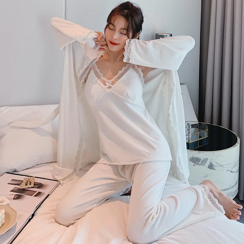 

women sleepwear robe Autumn winter lovely goddess velvet pajamas three piece suit can wear household clothes silver fox woman