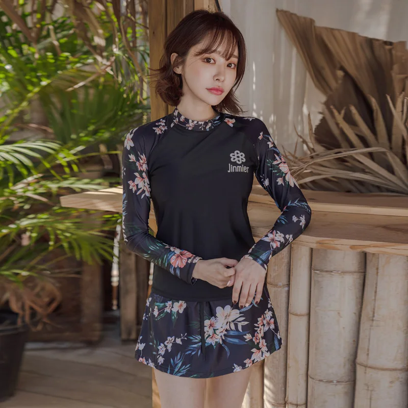 2020 Floral Print Three Piece Set Skirt Swimsuit Women Sexy Tight Long Sleeve  Bathing Suit Quick Dry Surfing Diving Rushguard