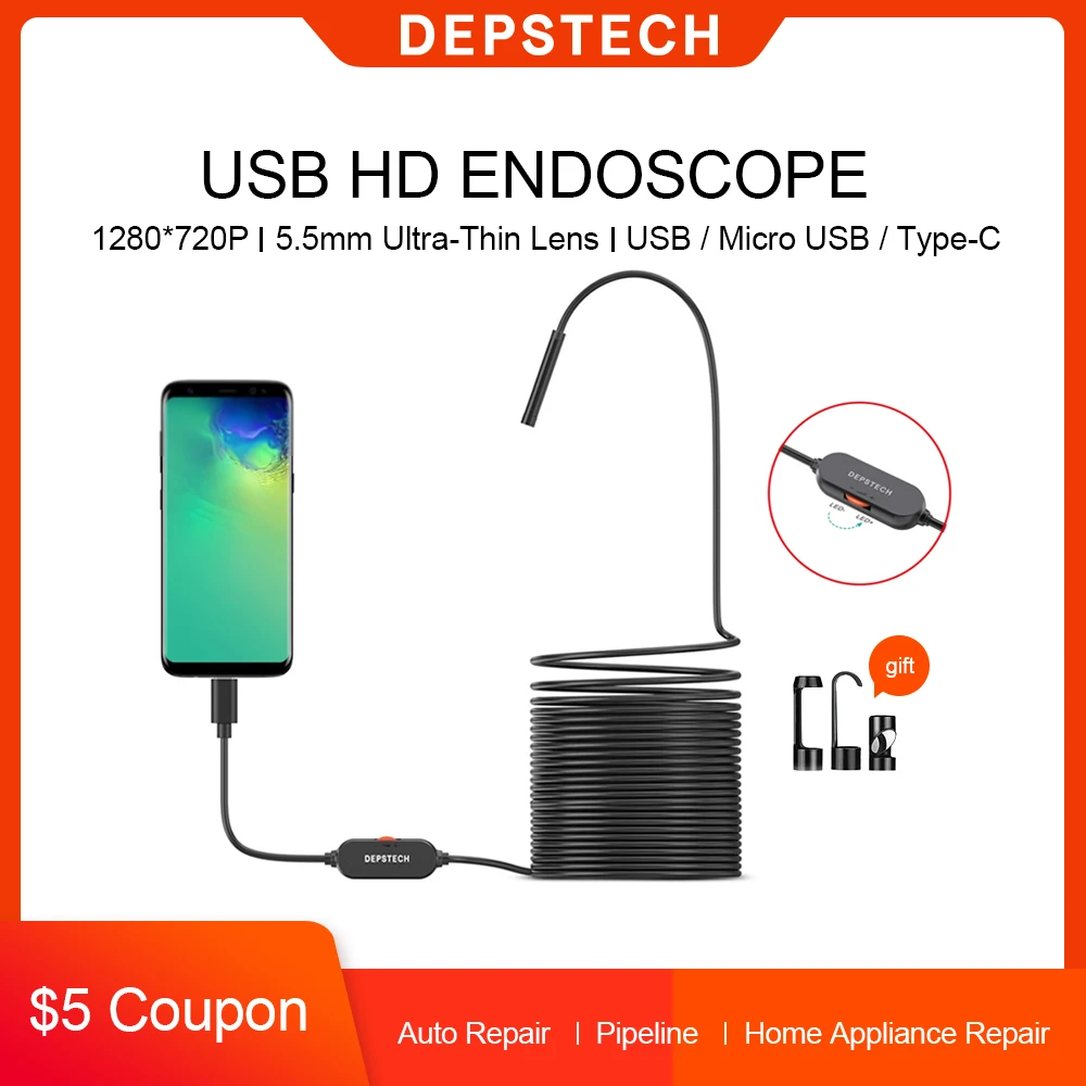 Câmera de Inspeção Ultra-fina do Endoscópio de Depstech Cabo Semi-rígido Impermeável Ip67 Snake Câmera 720p 1mp Borescope Usb 5.5mm