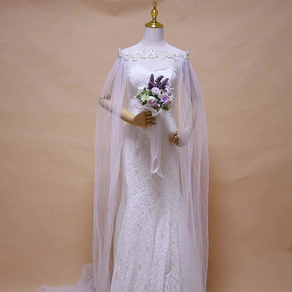 

Handmade Elegant Long Capes Women's Capes For Wedding Pearl Embellishment Chiffon 3M White Bridal Shawls Wraps For Bridesmaid