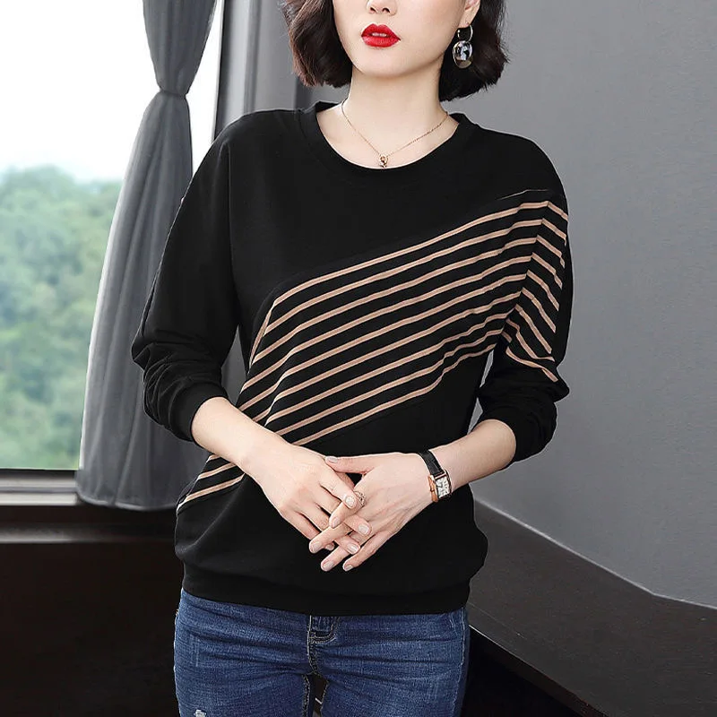 

2021 O Neck T Shirt Woman Autumn Long Sleeve Shirt Plus Size Woman T-shirt Loose Korean Style Oversized Striped Women Shirts