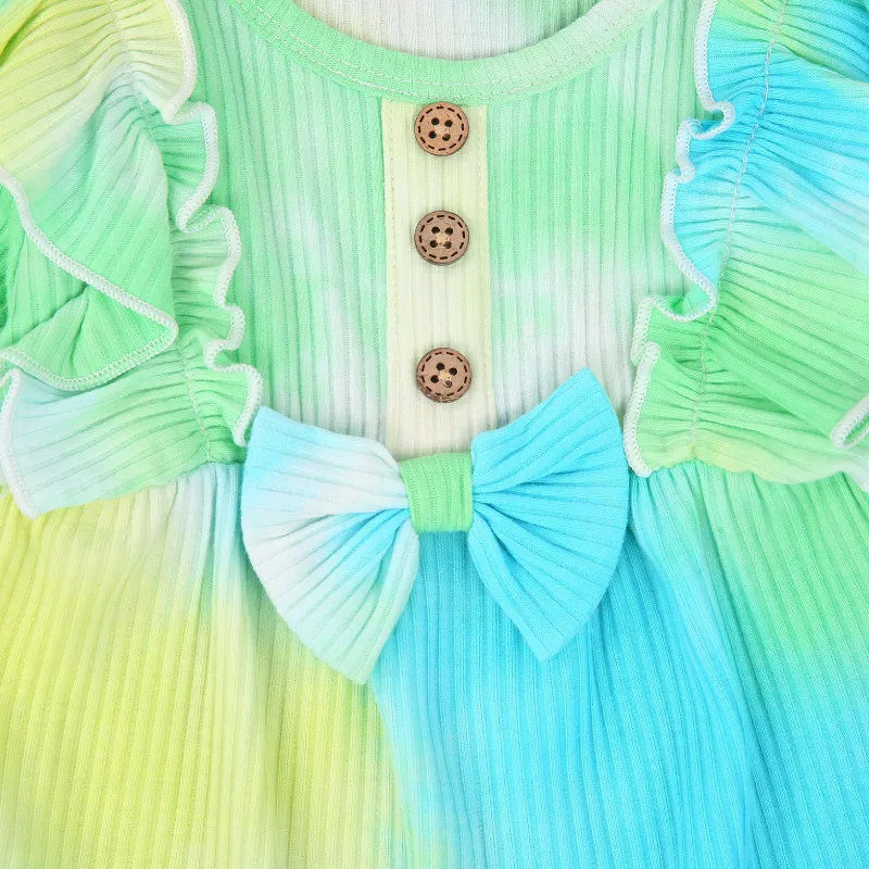 

Spring Autumn Newborn Baby Girls Tie-dye Bodysuit Long Sleeve Jumpsuits with Cute Bowknot Decoration