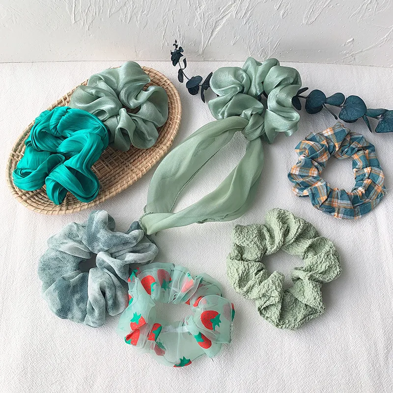 

Green Series Girls ! Retro Organza Intestine Hair Ring Super Fairy Chiffon Plaid Hairband Hair Ties Scrunchie accessories Rope