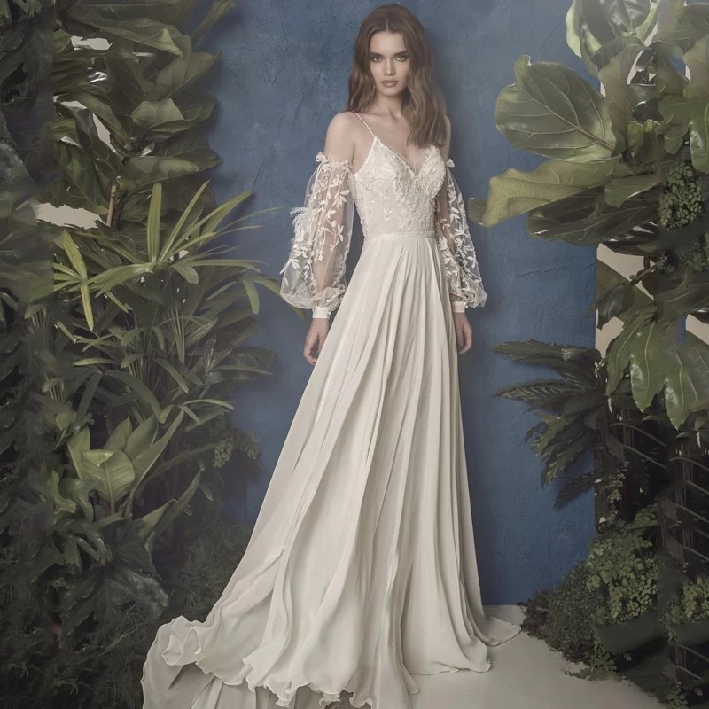 

HERBURNL Sexy Chiffon Spaghetti Straps A-Line Applique Wedding Gowns Dresses 2021 Long Length Fashion For Women