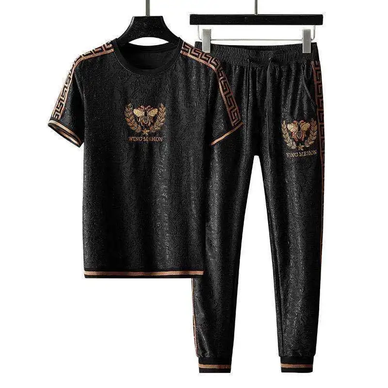 

Personality embroidered dark jacquard mercerized men's suit large Korean size leisure two-piece sports set