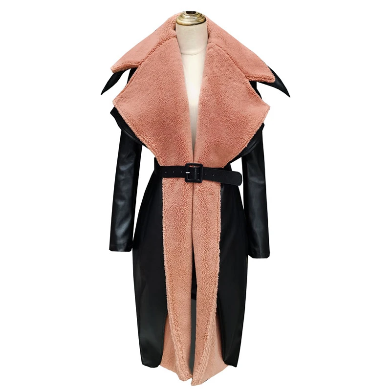 

SeeBeautiful Velvet Stitching PU Leather Warm Thick Coat Big Lapel Long Sleeve Belts New Fashion Spring 2021 Women M652