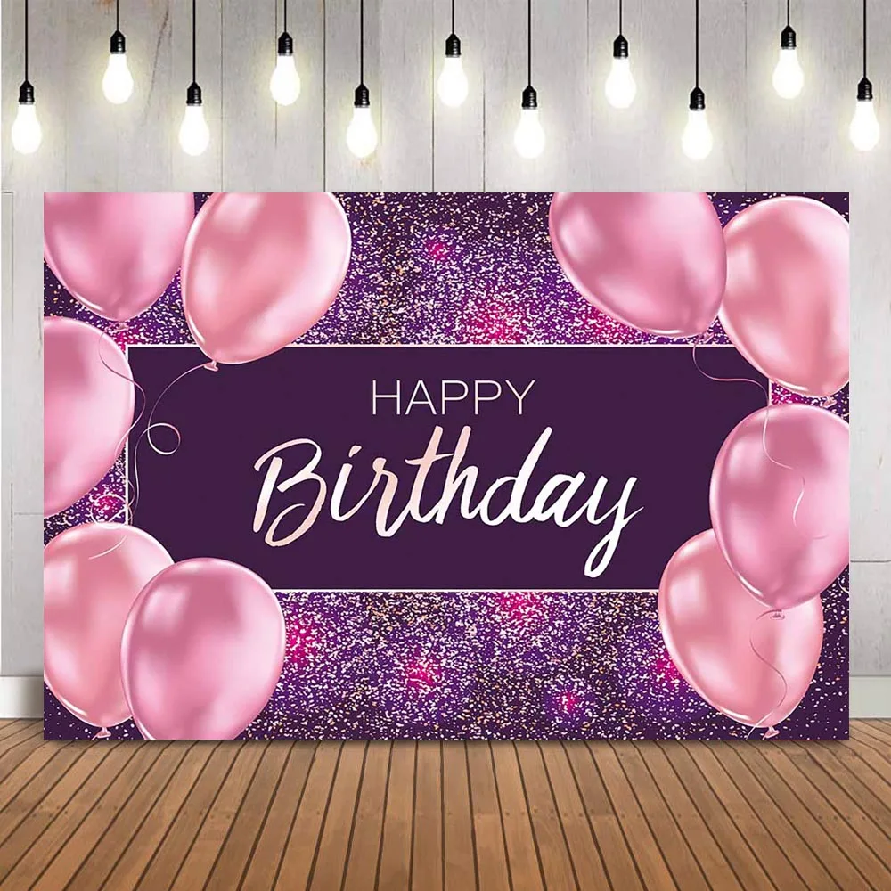 

Purple Birthday Backdrop Glitter Dots Women photo background Pink Party Balloons Newborn Girls Birthday Party Decoration Props