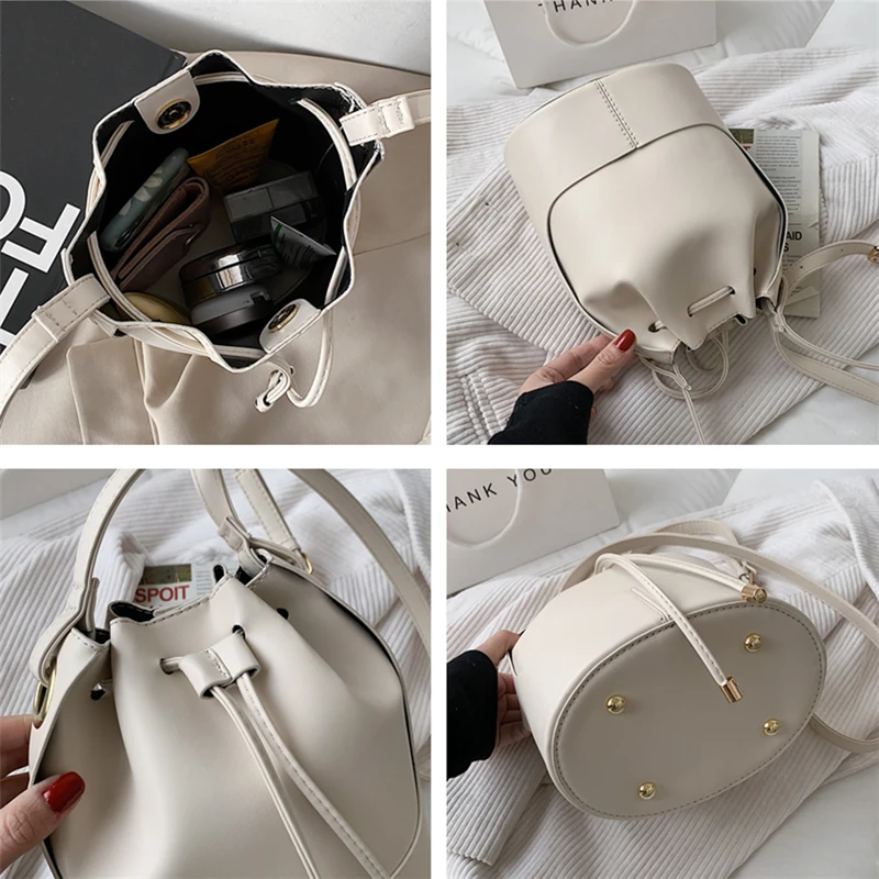 

Unique Design Drawstring Cylinder Crossbody Bags Stylish Small Bucket Bag Solid Color High Quality PU leather Shoulder Bags 2021