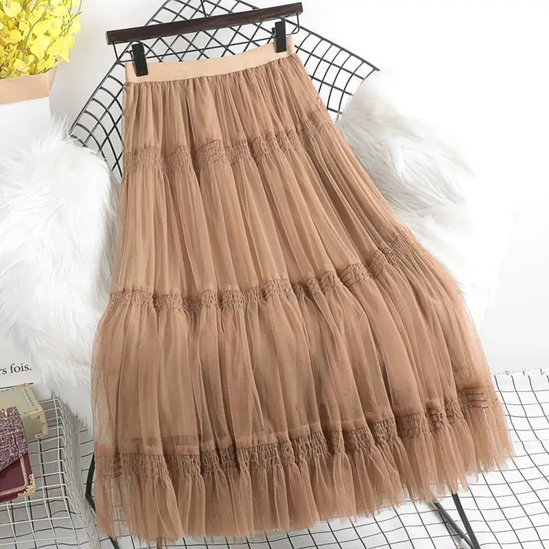 

2021 New Spring Fashion Women Elastic High Waist Tulle Cake Skirts Solid Color Vintage Big Swing Pleated Mesh Skirts Chic Z285