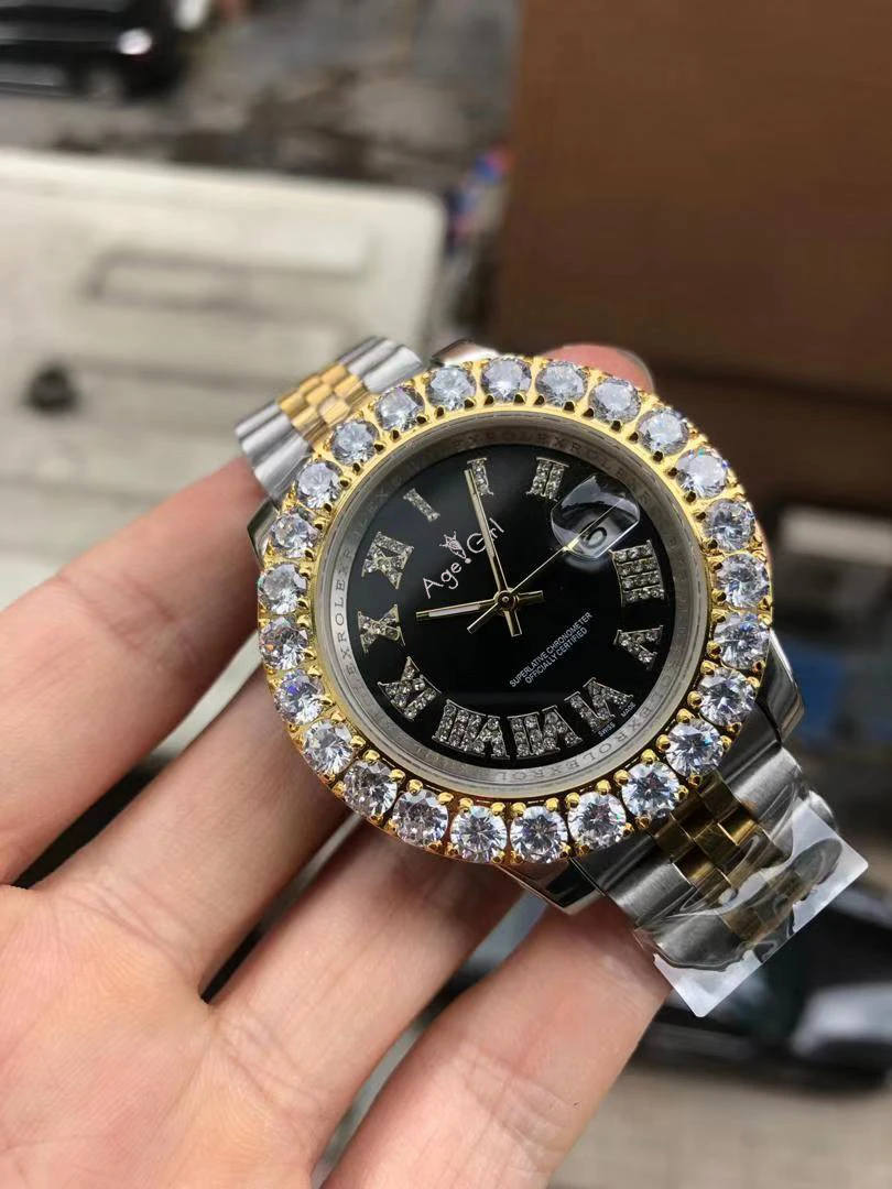 

Classic New Men Silver Yellow Gold Big Diamond Rome Dial Datejust Automatic Mechanical Stainless Steel Sapphire Watch 44mm