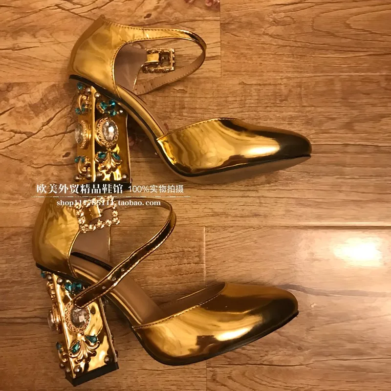 

McNabney 2022 New Women Shoes Gold Genuine Leather Gemstone Diamond Heels Chunky Heel Ankle Belt Buckle Pumps Hand Made 34-43