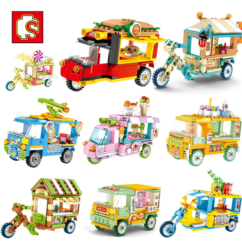 

SEMBO MOC Mini Street View Sale Vehicle Dining Car Drinks Cake Van Assembling Building Block Kids Toys Children Birthday Gfit