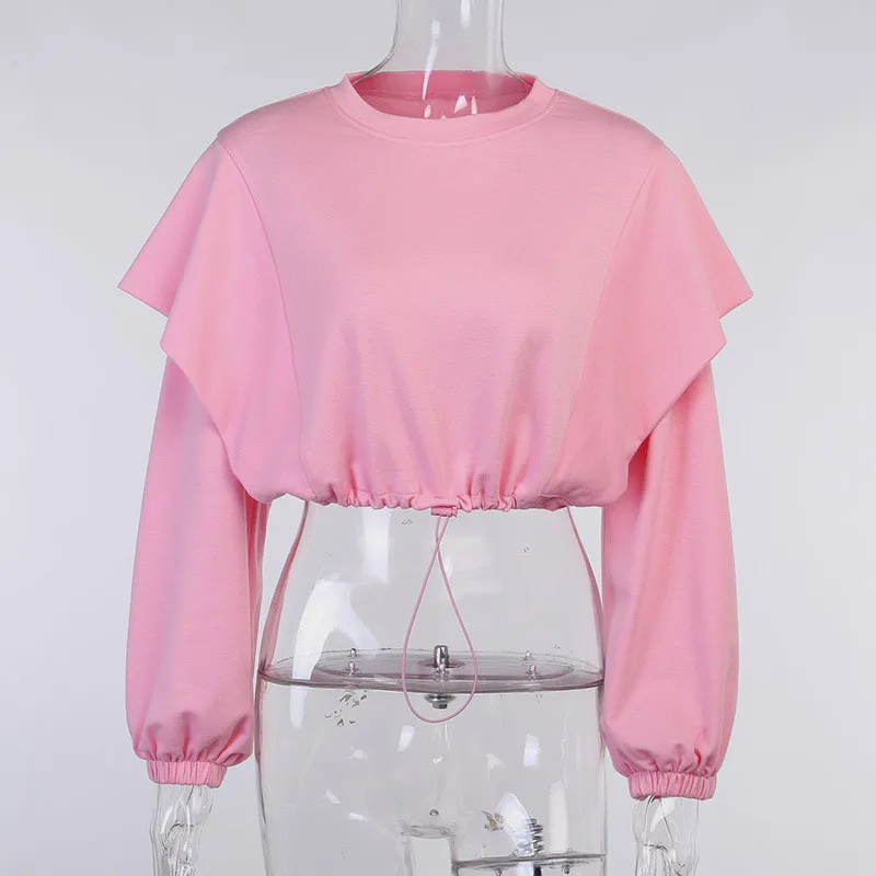 

2020 Sexy Women T-shirt Casual Sweet Pink O-neck T-shirt Long Sleeve Drawstring Adjustment Tops Streetwear Female Autumn Outfits