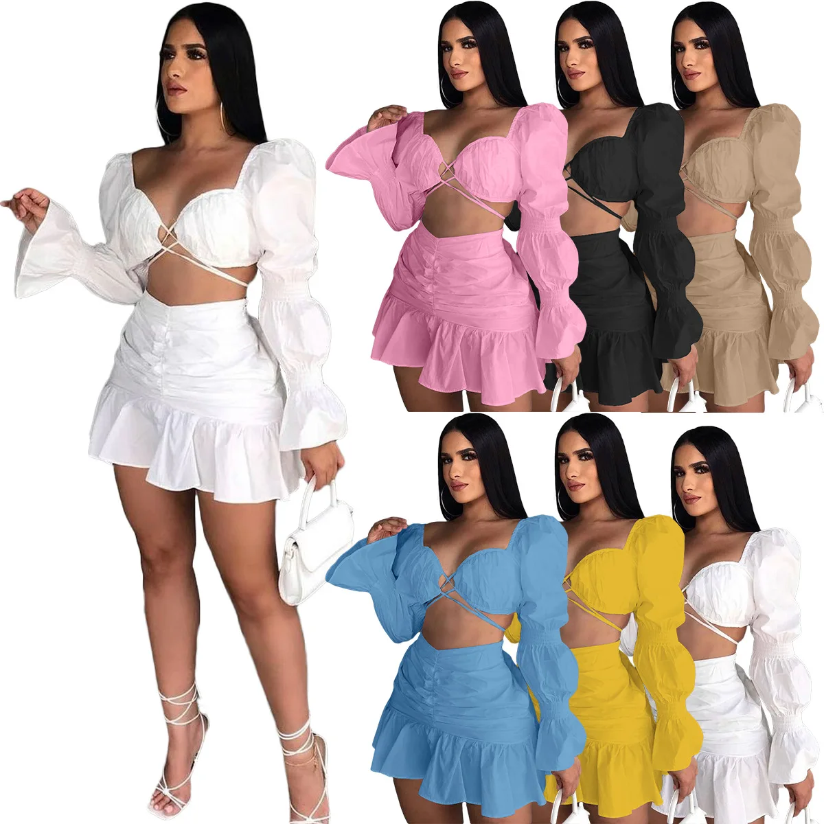 

Ladies Fashion Lantern Sleeve Pleated Skirt Two Piece Set Grace Temperament Solid Color Long Sleeve Party Nightclub Cute Trend