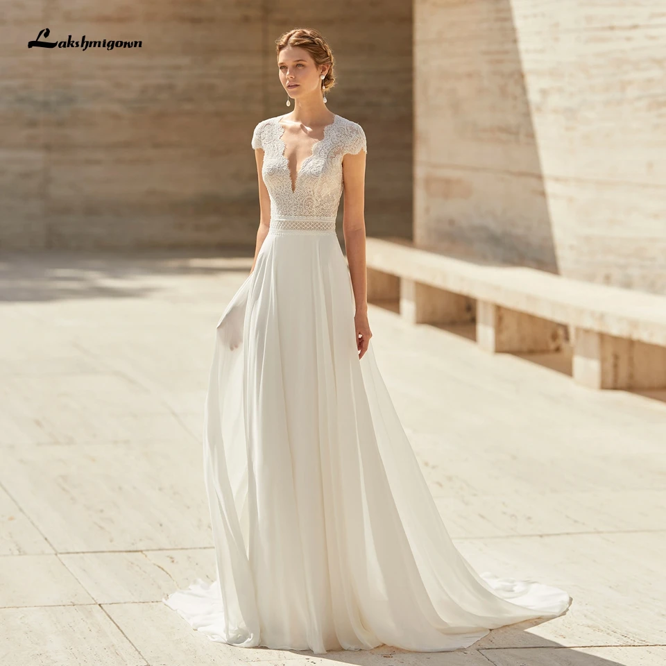 

Lashmigown Vestiti Donna Beach Wedding Dress Summer 2021 Vintage Lace Bodice Sexy Bridal Boho Wedding Dresses Illusion Back