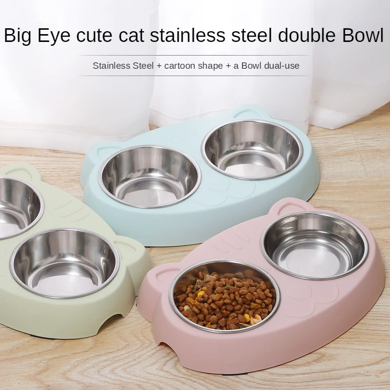 

Pet Cat and Dog Food Utensils Big-eyed Cute Cat Stainless Steel Thickened Two-in-one Pet Bowl Cat Double Bowl Pet Supplies