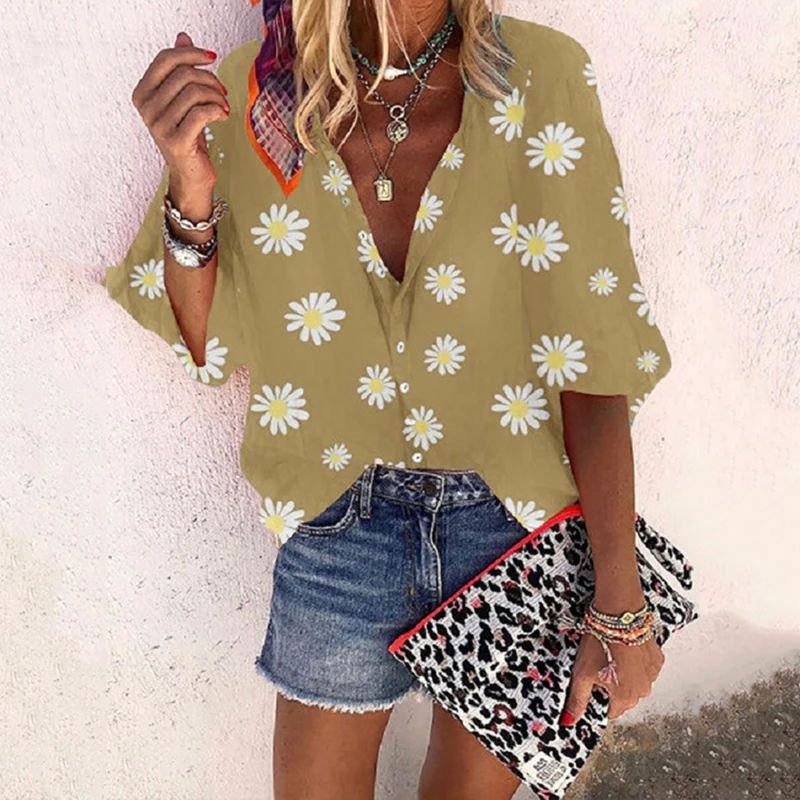 

Women 2021 Summer Daisy Print Blouse Shirt Elegant Three Quarte Sleeve Pullover Tops 2Xl Casual V-Neck Lady Blusa