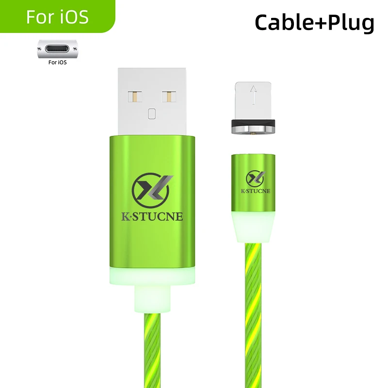 For iOS Green Плоский светящийся usb-кабель 2.1A для iPhone Xs Max 7 8 Plus, 1 м, быстрая зарядка, светодиодный кабель Micro USB для телефона Android, кабель для samsung S9 S8 - Цвет: For iOS Green