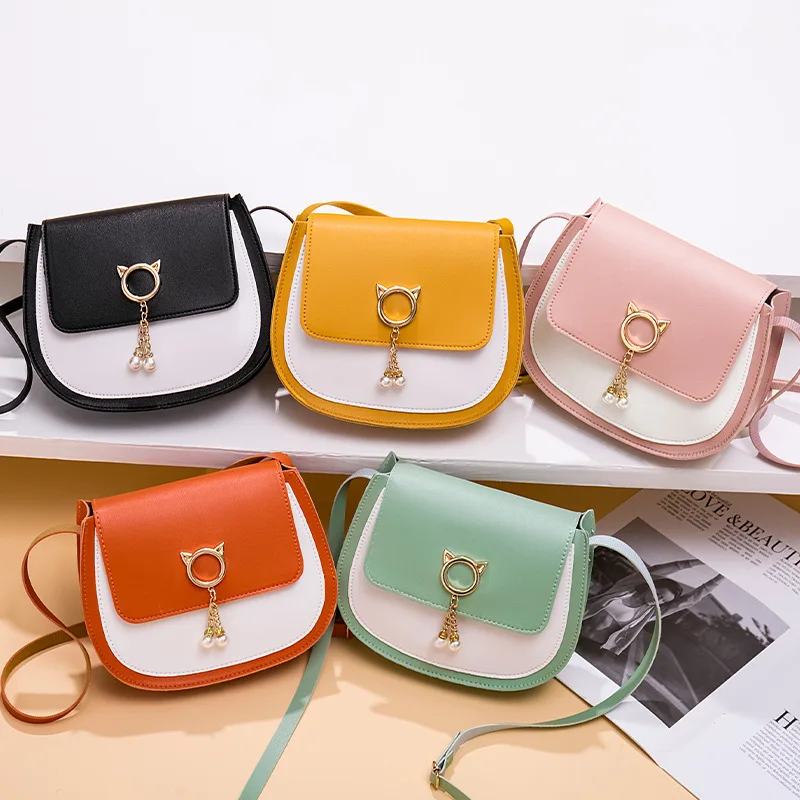 

Women's Korean-Style Contrasting Color Saddle Bag 2020 New Style Crossbody Shoulder Bag Cat Ear Tassels Sweet Lady Phone Bag #20