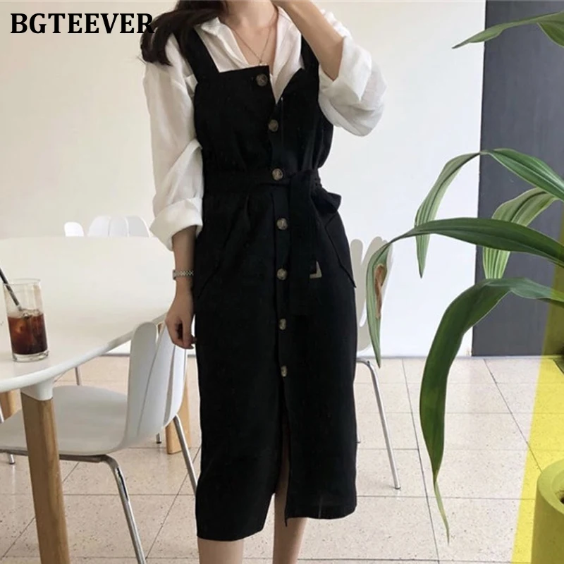 

BGTEEVER All-match Single-breasted Sleeveless Women Dress Pockets Belted Split Female Spaghetti Dress 2020 Spring Slim Vestidos