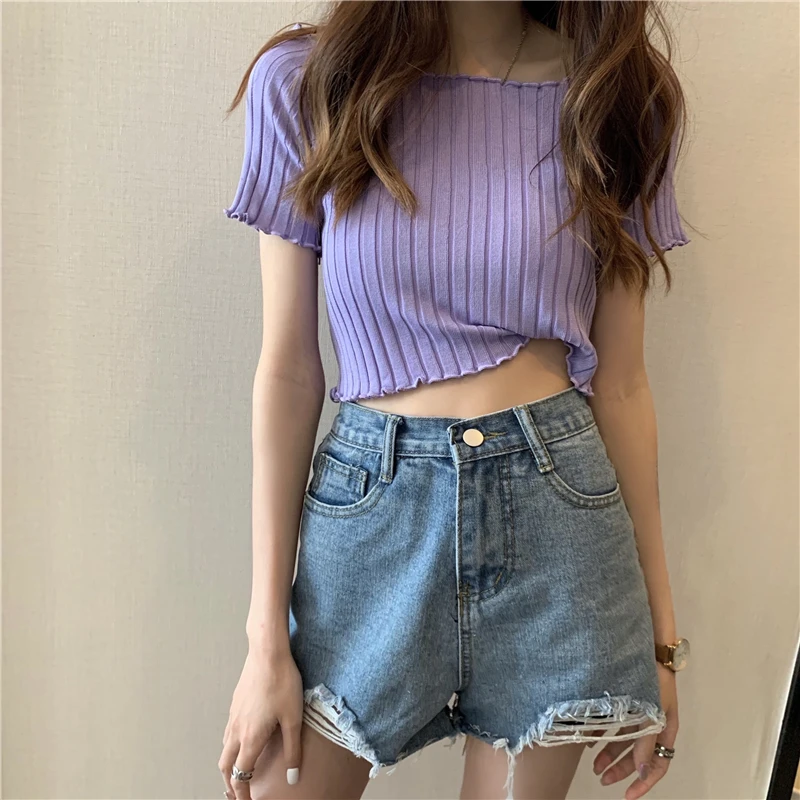 

Summer Casual Short Sleeve Stretchy Ruffles T-shirts Stripes Tops for Women Female Fashion T-shirts Off Shoulder Knit Crop Tops