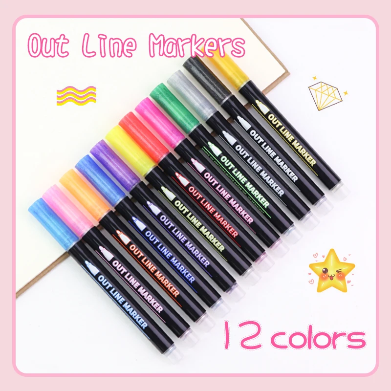 12 Colors Double line gold chalk Drawing Doodling Outline Marker for Album/Hand Account/Graffiti Supplies DIY Metal Glitter Pen
