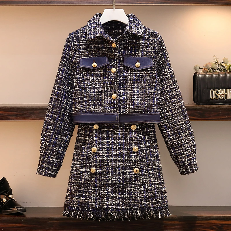 

Large size S-4XL 2019 Autumn and winter new fat fat fashion denim stitching small fragrant coat jacket skirt two-piece