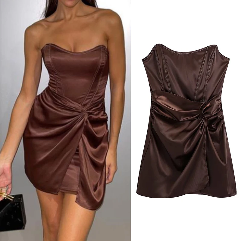 

Женское облегающее мини-платье без бретелек Za, однотонное вечернее короткое платье со складками, с открытыми плечами, без рукавов, с запахом...