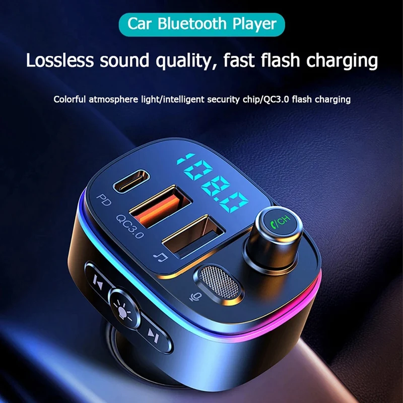 

Универсальное автомобильное зарядное устройство с 7-цветсветодиодный Bluetooth 5,0, FM-передатчиком, mp3-плеером, двумя USB-портами