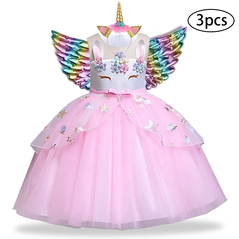 Girls Dress 3Pcs Kids Dresses For Unicorn Party Toddler Christmas Costume Child Princess 3 4 5 6 7 8 9 10 Year | Детская одежда и