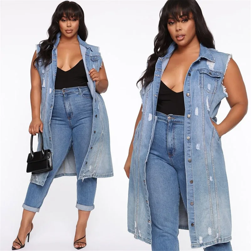 Джинсовое пальто на пуговицах без рукавов с отложным воротником | Женская одежда