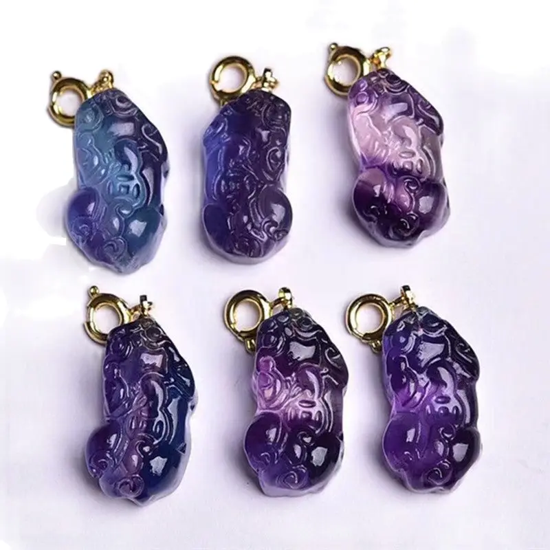 

Natural Stone Rainbow Fluorite Animal Pixiu Crystal Pendant Carved Figurine Gift Fashion Jewelry