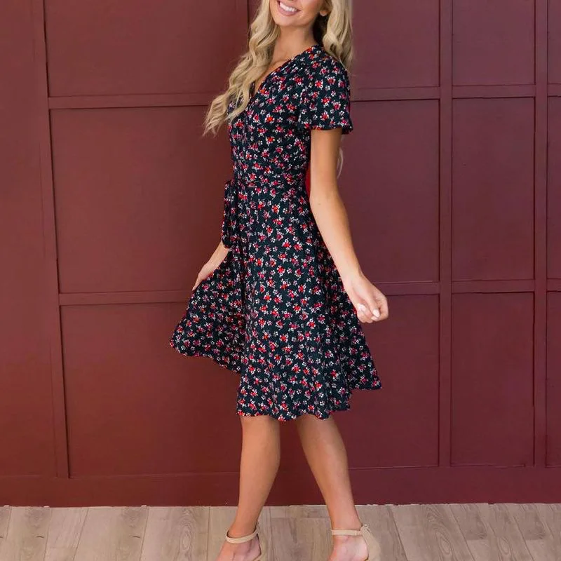 

2021 Women Fashion Clothing New Women's Floral Short Sleeve V-neck Lace Up High Waist Dress Summer Dress Women Dresses Summer