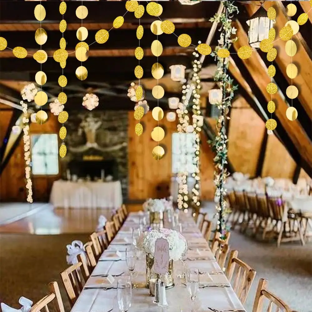

Gold Reflective Circle Polka Dot Garland Streamer Party Decoration Banner Backdrop for Wedding/ Engagement/Bridal/ Baby Shower