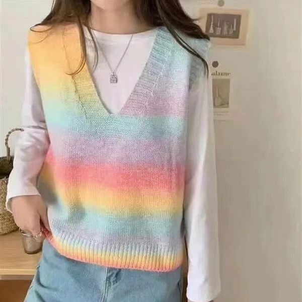 

Casual Sweater Vest Women 2021 Korean Style Cute Rainbow Striped V Neck Sleeveless Pullover Knitted Tank Tops T687