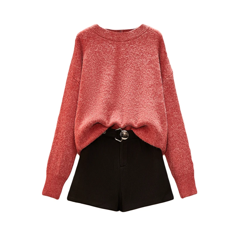 

Женский Повседневный Трикотажный костюм, черный свитер с высокой талией и шорты, комплект одежды из двух предметов, повседневная трикотажн...