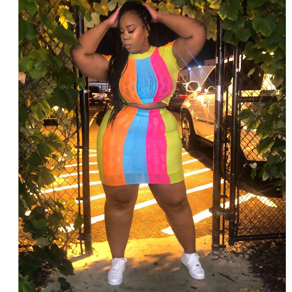

Plus Size Women Two Piece Sets Turtleneck Top and Elastic Mini Skirt Vintage Casual Strip Print Outfit Wholesale Dropshipping