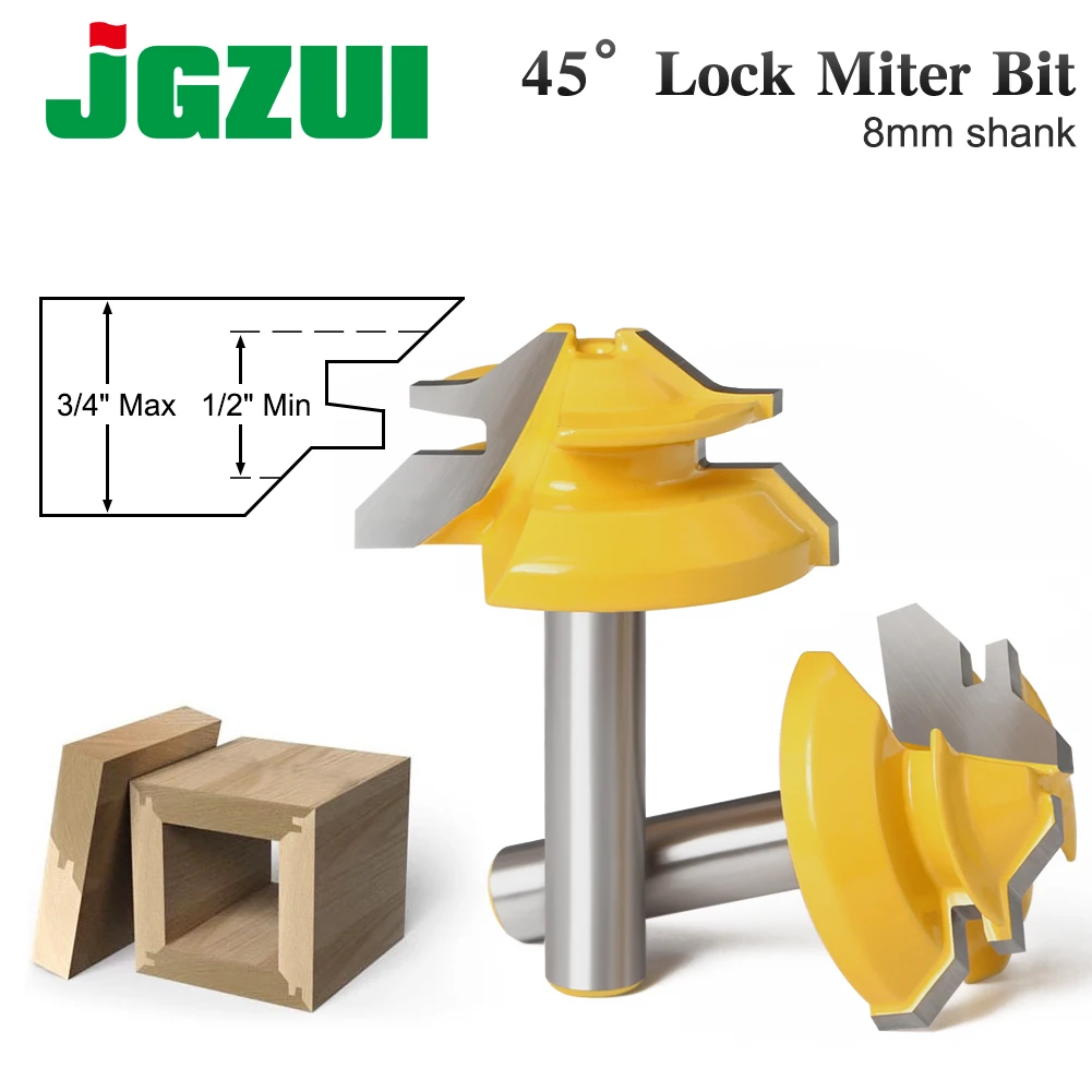1Pc 45 Degree Lock Miter Router Bit 8Inch Shank Woodworking Tenon Milling Cutter Tool Drilling Milling For Wood Carbide Alloy