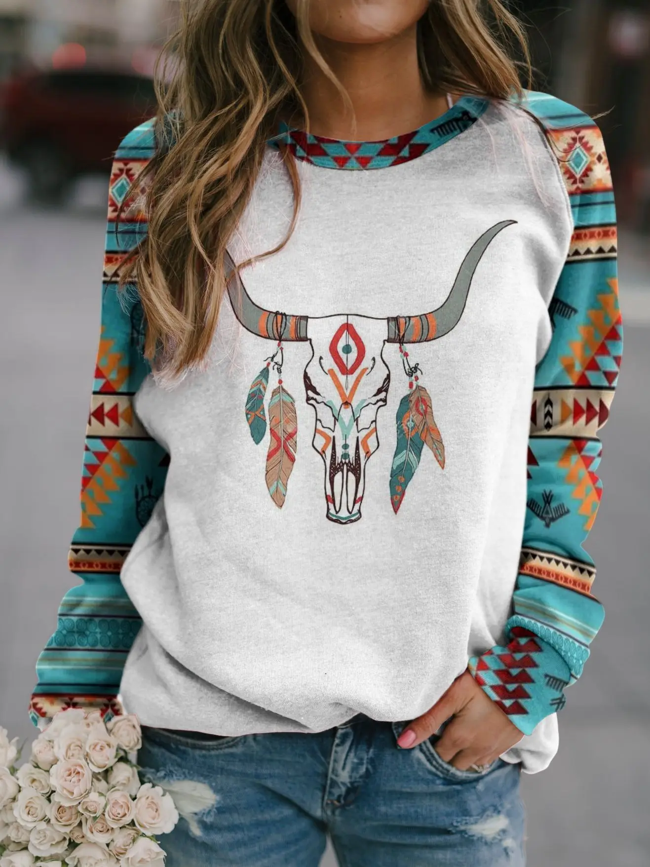 

Geometric Pattern Sweatshirt Women Clothes for Teens Bohemian Style Retro Sweatshirts Printing Pullovers Plus Size Hoodies L