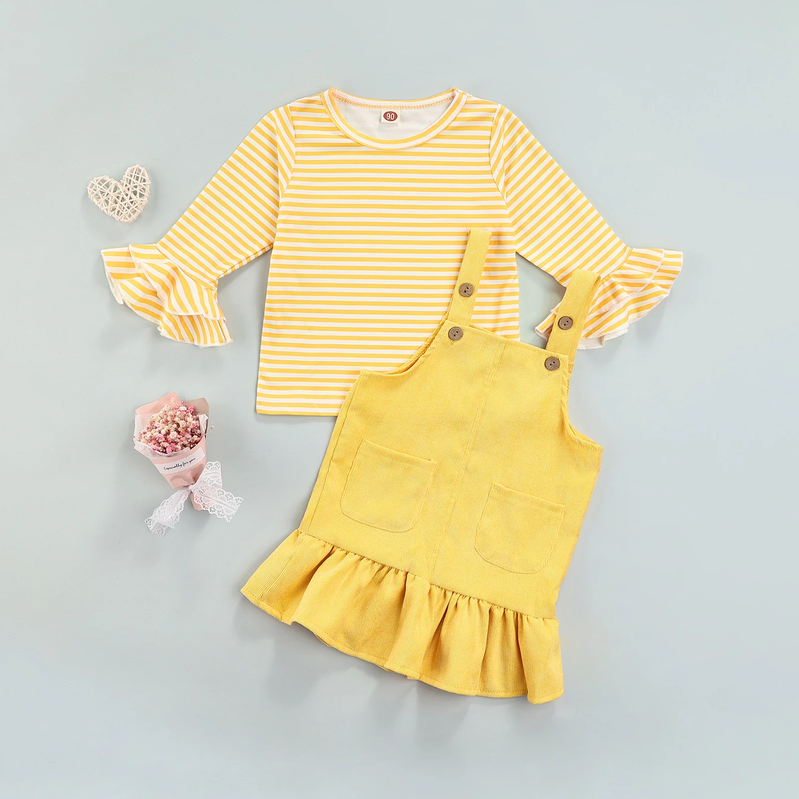 

Girl Outfits Two Piece Suit Fashion Stripe Flounce Long Sleeve Tops Corduroy Overall Dress Girls Spring Autumn Dresses Sets