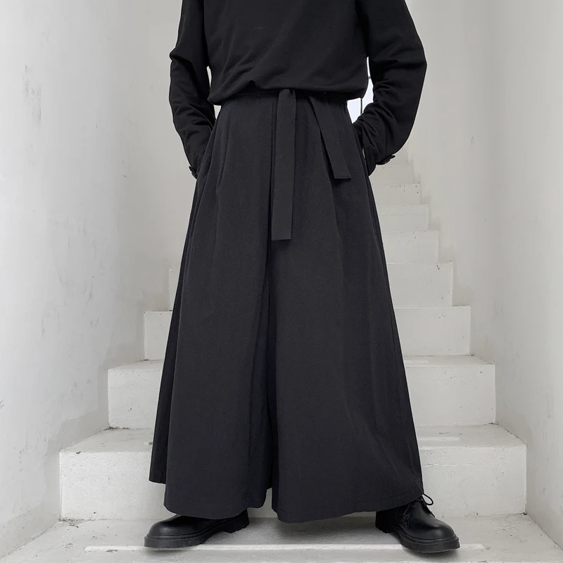 

Men Japan Style Loose Casual Black Kimono Wide Leg Pant Male Women Streetwear Hip Hop Punk Gothic Ribbon Harem Skirt Trouser Mid