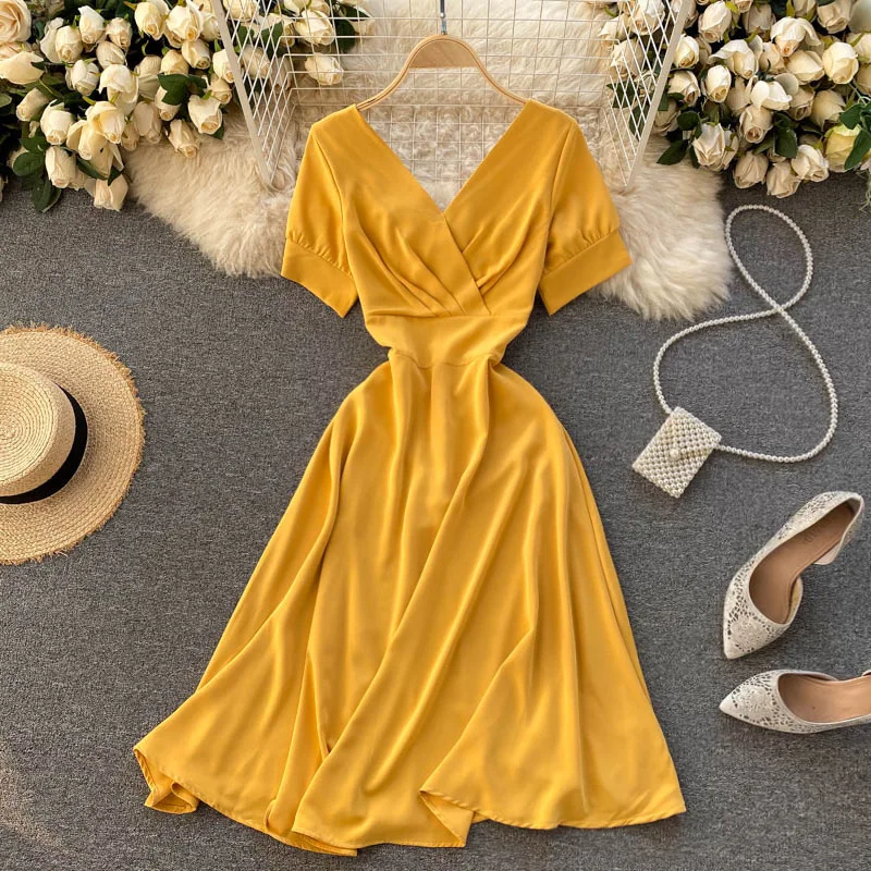 

Spring Summer Female 2021 New Women's Street Style Dress V Neck Solid High Dress Short Sleeve Casual Sexy Dress