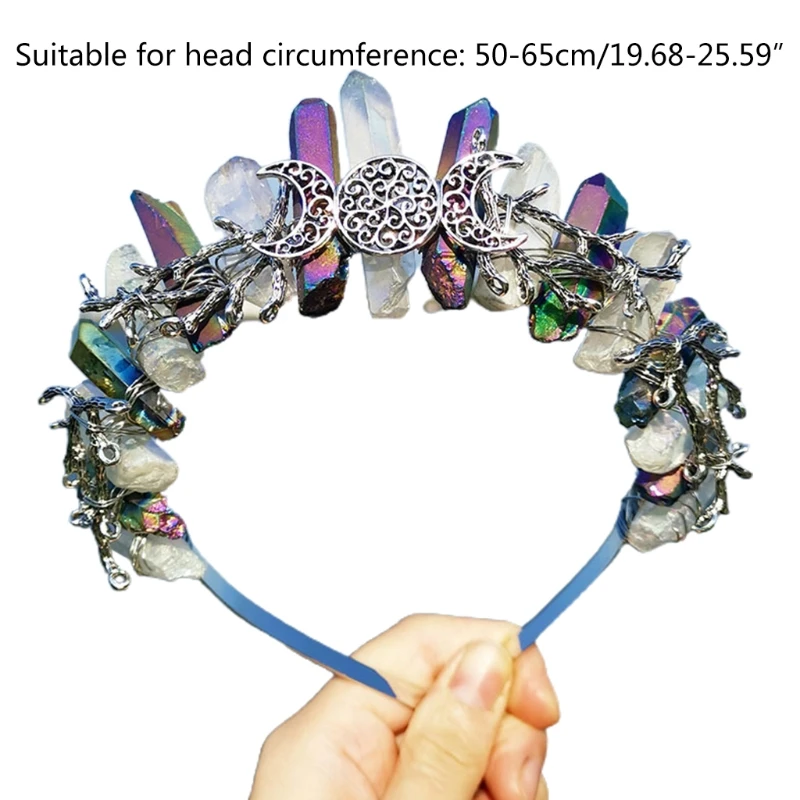 

Rainbow Contrast Color Plating Raw Crystal Headband Antique Silver Branches Moon Hair Hoop Crown Wedding Tiara Headpiece