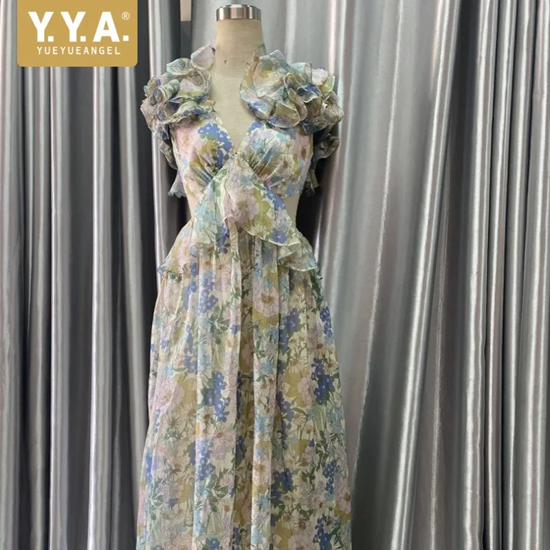 

Длинное платье в богемном пляжном стиле, праздничное платье с цветочным принтом и V-образным вырезом, платье без рукавов с оборками, летнее м...