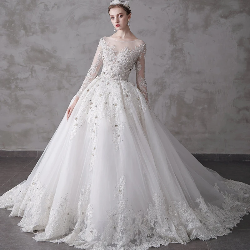 

Custom Made Wedding Dresses Ball Gown Long Sleeve Tulle Lace Crystal Diamond Luxury Wedding Gowns 2020 New Design HS20