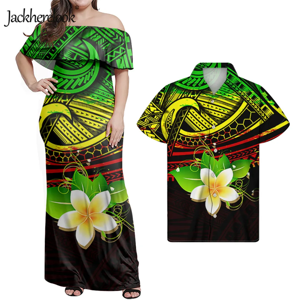 

Jackherelook Sexy Off Shoulder Dress for Womens Party Polynesian Hibiscus Plumeria Elegant Outfits Summer Hawaii Bodycon Dresses