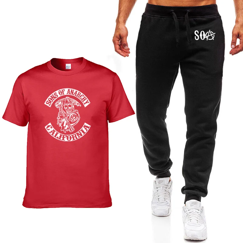 

Unisex Summer Men's T-Shirt SOA Sons of Anarchy Skull Printing Short sleeve Cotton high Quality Men's T-shirt+pants 2 piece suit