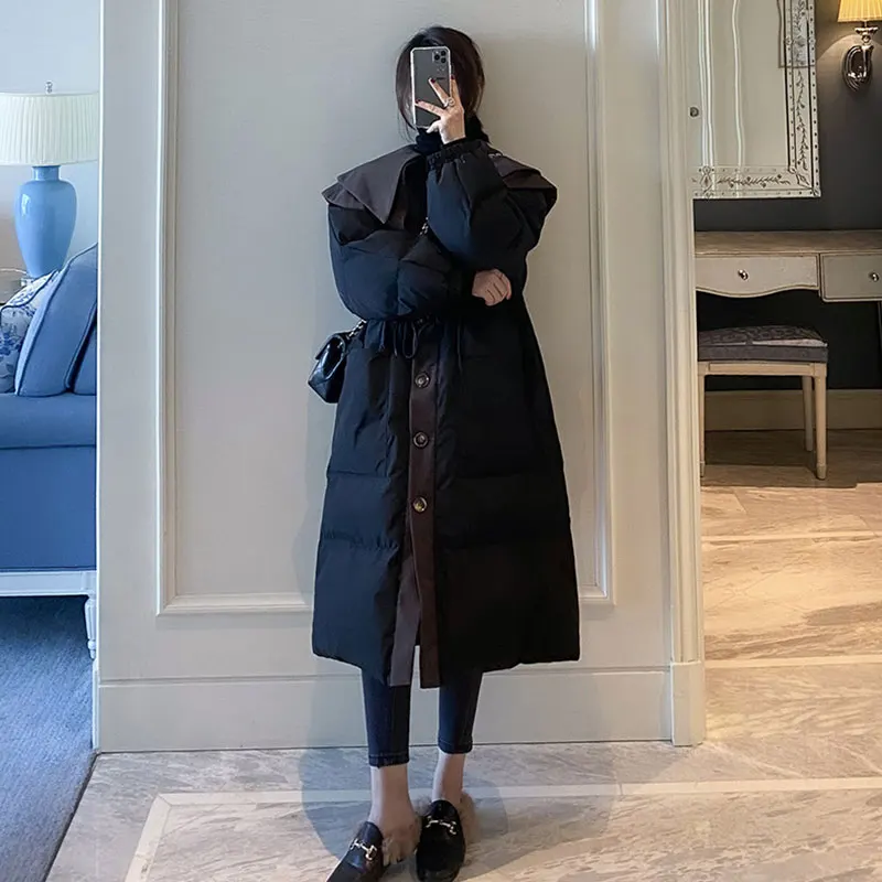 

Sweet Puffer Jacket Women 2021 Winter New Doll Collar Mid-Length Down Outwear Ladies Long Over-The-Knee Loose Waist Thick Coat